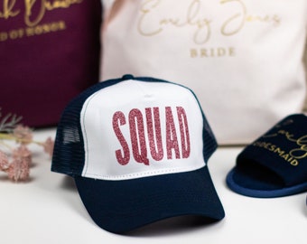 Chapeaux de Bachelorette, BRIDE SQUAD HATS/Snapbacks, casquettes de baseball de fête de poule, chapeau de camionneur de mariée personnalisé, chapeau de camion de fête de mariage personnalisé