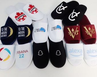 Personalized hotel slippers with your custom small business logo (corporate gifts), branded slippers for employee gifts, open houses, etc.