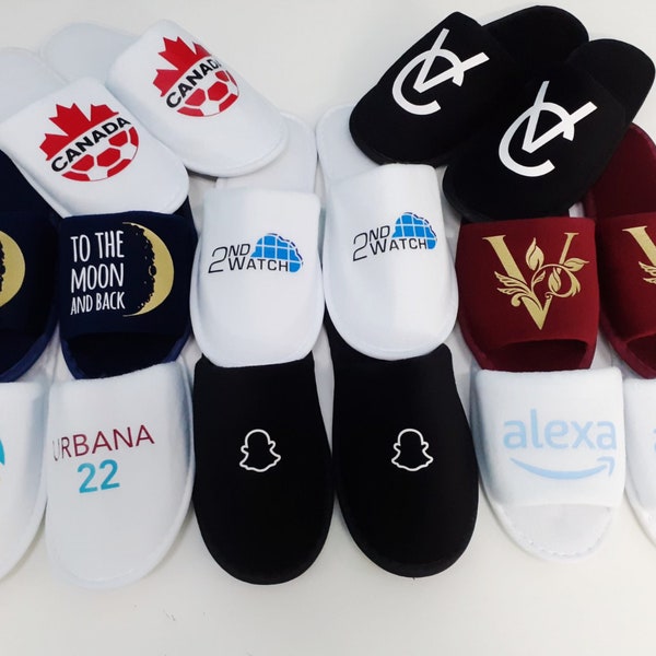 Personalized hotel slippers with your custom small business logo (corporate gifts), branded slippers for employee gifts, open houses, etc.