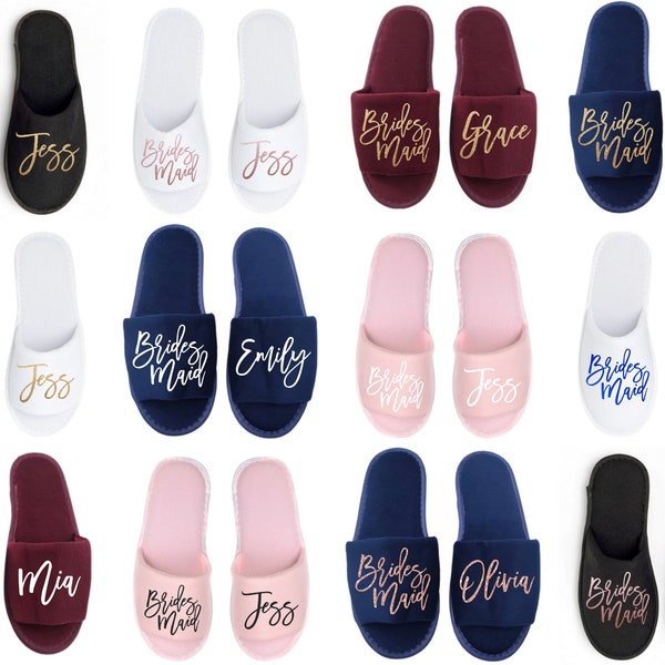 Personalized Bridesmaid Slippers with Custom Text in French, German, Spanish, Italian, Portuguese, Swedish, Norwegian, Danish, Finnish, etc.