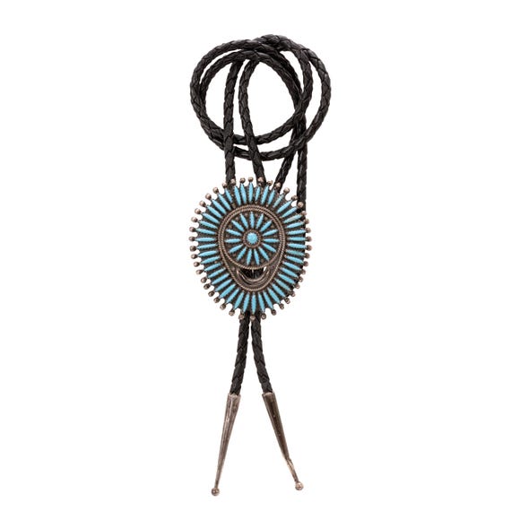 Vintage F. M. Begay Signed Navajo Needlepoint Sleeping Beauty Turquoise and Sterling Silver Bolo Tie View 3