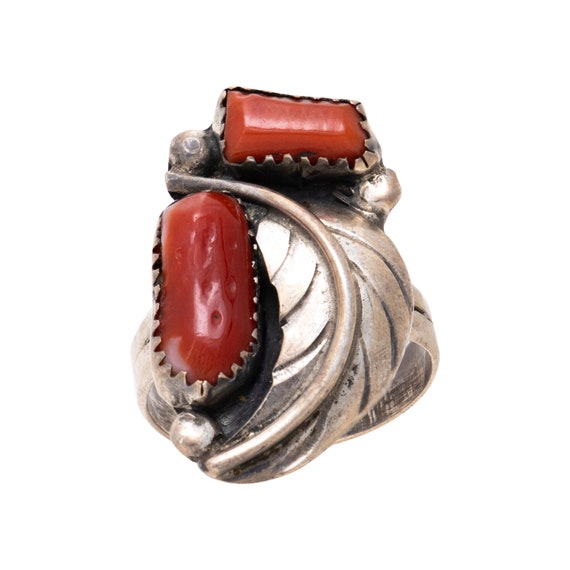 Navajo Made Coral and Sterling Silver Ring - image 2