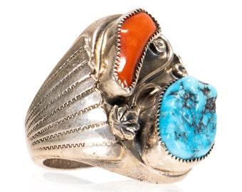 Sleeping Beauty Turquoise and Coral Ring Sterling Silver Handmade Size ...