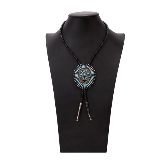 Vintage F. M. Begay Signed Navajo Needlepoint Sleeping Beauty Turquoise and Sterling Silver Bolo Tie