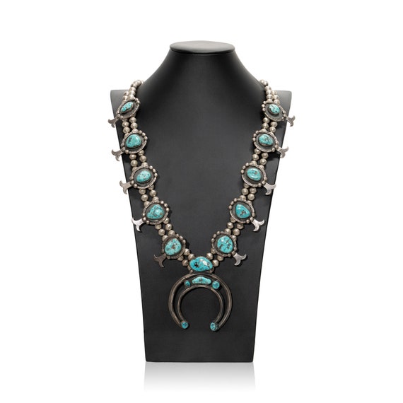 Glorious Vintage Native American Navajo Royston Turquoise Sterling Silver Squashblossom Necklace Glorious Vintage Native American Navajo Royston Turquoise Sterling Silver Squashblossom Necklace