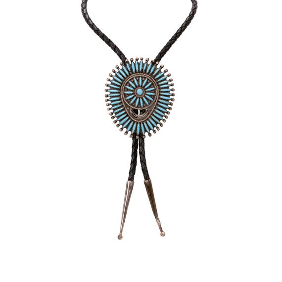 Vintage F. M. Begay Signed Navajo Needlepoint Sleeping Beauty Turquoise and Sterling Silver Bolo Tie View 2