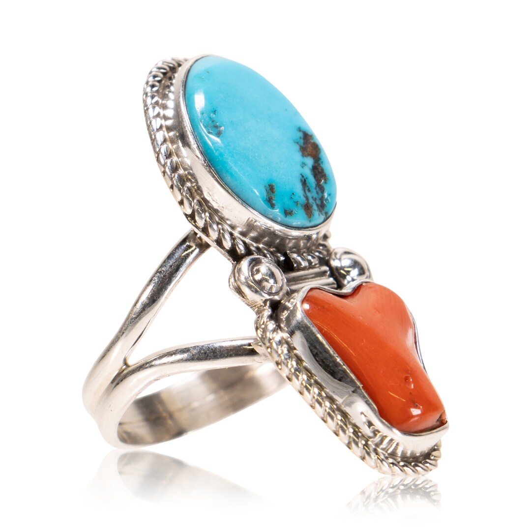 Navajo Coral and Turquoise Two-stone Sterling Silver Ring - Etsy