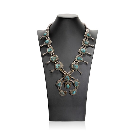 Glorious Vintage Native American Navajo Royston Turquoise Sterling Silver Squashblossom Necklace Glorious Vintage Native American Navajo Royston Turquoise Sterling Silver Squashblossom Necklace