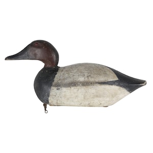May include: A vintage duck decoy, painted in shades of brown, black, and white. The duck has a dark brown head and a black beak. The body is primarily white with black accents on the sides and tail. A metal loop is attached to the bottom.