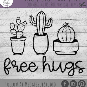 Peut inclure: Illustration en noir et blanc de trois cactus en pot avec le texte "free hugs" en dessous. Les cactus sont de styles différents, dont un cactus à raquettes, un grand cactus avec des bras et un cactus rond.