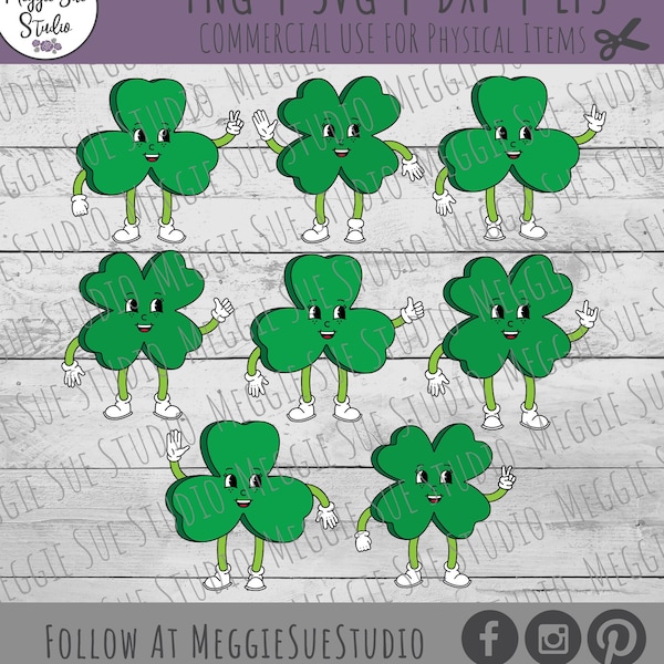 Retro Cartoon Shamrock Clover Bundle SVG PNG, St Patricks Shamrock Four Leaf Clover Clipart, Cute Cartoon Clover Cute Cartoon Shamrock SVG