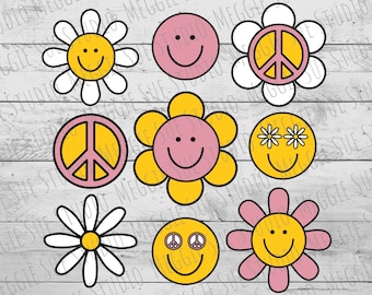 Groovy Smiley Daisy Peace Bundle SVG, Smiley Face Hippy SVG, Groovy Daisy Peace Sign SVG, Groovy Hippy Bundle Clipart SvG