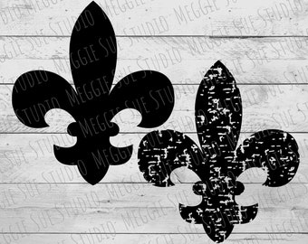 May include: Two black fleur-de-lis designs. One is solid, the other has a distressed texture. The image includes text: "PNG | SVG | DXF | EPS COMMERCIAL USE FOR PHYSICAL ITEMS" and "FOLLOW AT MEGGIESUESTUDIO".