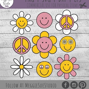 Groovy Smiley Daisy Peace Bundle SVG, Smiley Face Hippy SVG, Groovy Daisy Peace Sign SVG, Groovy Hippy Bundle Clipart SvG