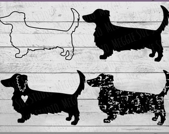 Peut inclure: Trois images de silhouette noire d'un chien teckel. La première image est une silhouette noire unie. La deuxième image est une silhouette noire unie avec une forme de cœur sur la poitrine. La troisième image est une silhouette noire avec une texture vieillie.