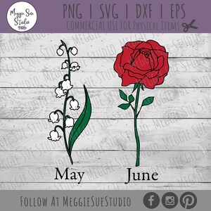 May include: A digital design featuring a white lily of the valley flower with green leaves and a red rose with green leaves. The text "May" is below the lily of the valley and the text "June" is below the rose.