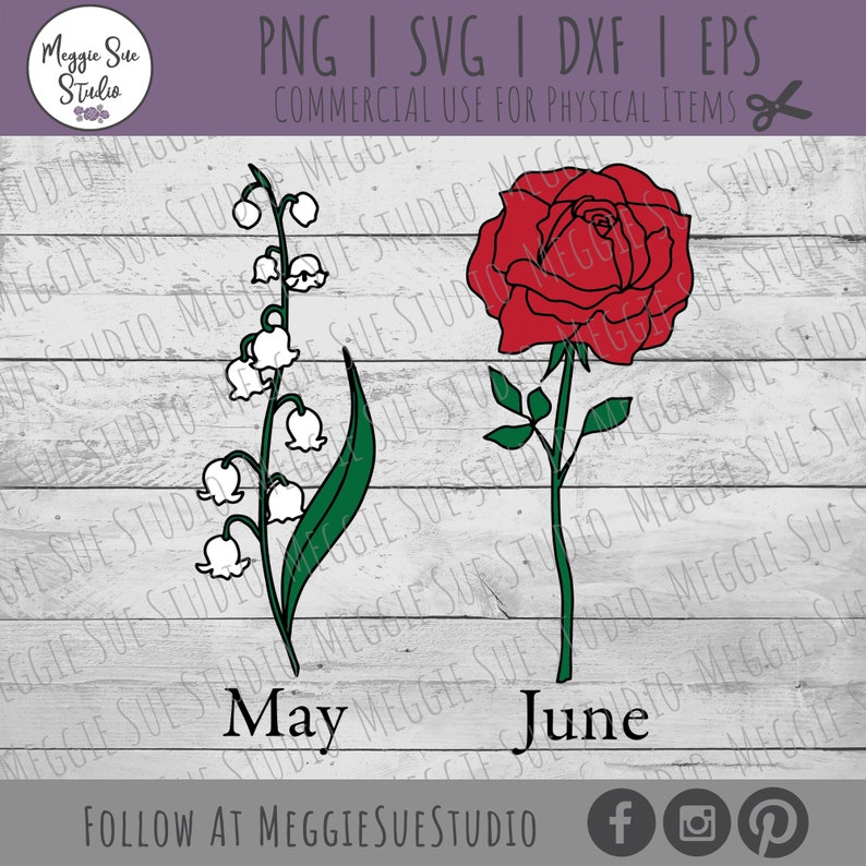 May include: A digital design featuring a white lily of the valley flower with green leaves and a red rose with green leaves. The text "May" is below the lily of the valley and the text "June" is below the rose.