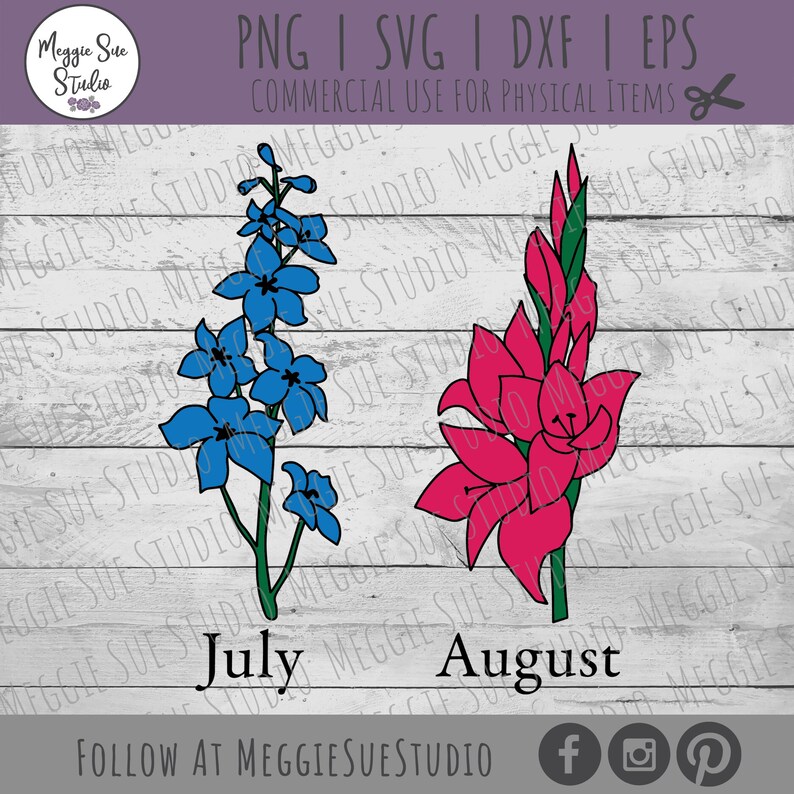 May include: Digital clipart of two flower bouquets, one with blue flowers and the text "July" and the other with pink flowers and the text "August".