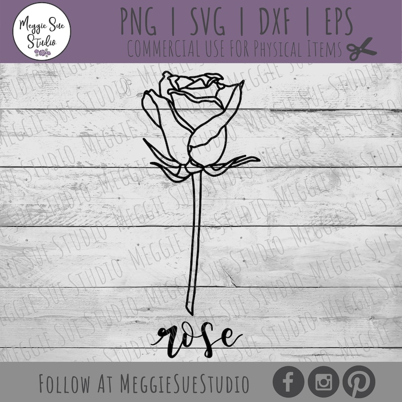 May include: A black and white line drawing of a single rose with the word "rose" written in cursive underneath.
