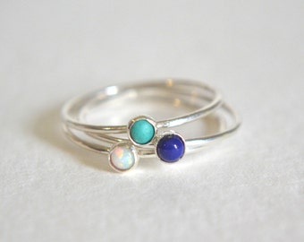 Set Of Three Stacking Rings In Sterling Silver, Turquoise, White Opal and Lapis Lazuli Gemstones, Handmade Dainty And Minimal, Boho Rings