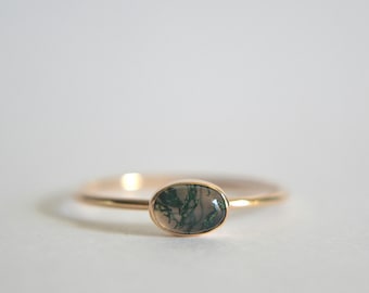 14k Solid Gold, 14k Gold Filled, Or Sterling Silver Oval Natural Moss Agate Gemstone Ring, Dainty Moss Agate Ring, Minimalist Jewelry