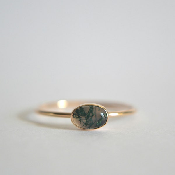 14k Solid Gold, 14k Gold Filled, Or Sterling Silver Oval Natural Moss Agate Gemstone Ring, Dainty Moss Agate Ring, Minimalist Jewelry