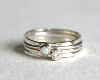 Silver Opal Ring, Opal Ring, Silver Stacking Ring, Dainty Ring, Hammered Stacking Ring, Stacking Ring Set, Opal Silver Ring, Cz Ring