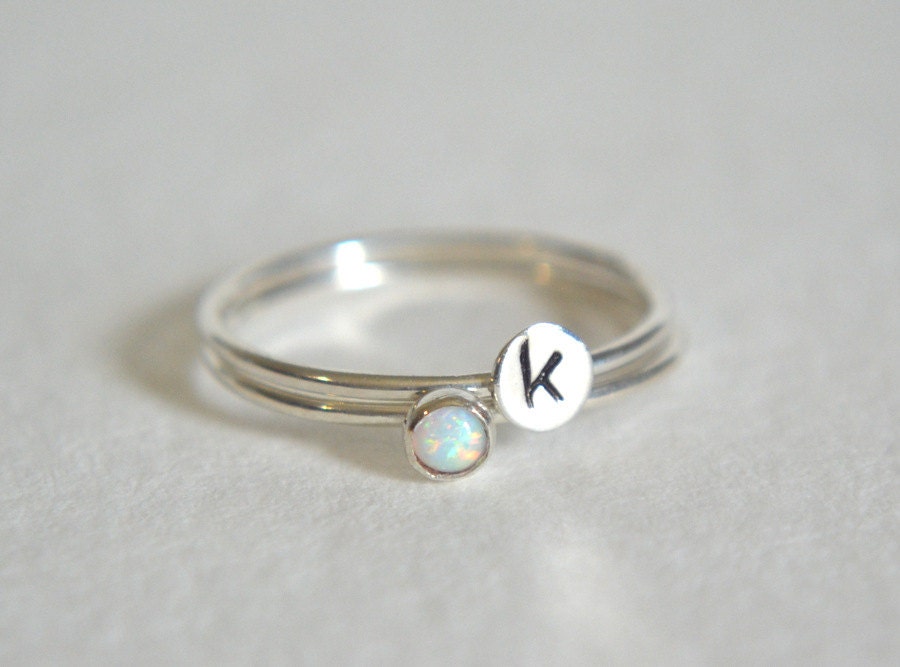 Opal Ring, Silver Ring, Jewelry Gift, Bridesmaid Gift, Custom Ring, Made To Order Ring Set Choose Your Own Personalized Initial And Gemstone
