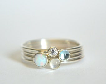 Set Four Opal Sterling Silver Ring, Silver Opal Ring, Dainty Opal Ring, Silver Moonstone Ring, Silver CZ Ring, Stacking Ring, Stackable Ring