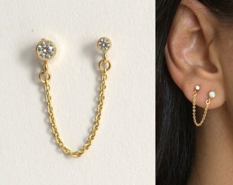 Double Piercing Earring, Gold Chain Earrings, Double Chain Earrings, Drop Earrings, Dangle Earrings, Stud Earring, Gold Filled Chain Earring
