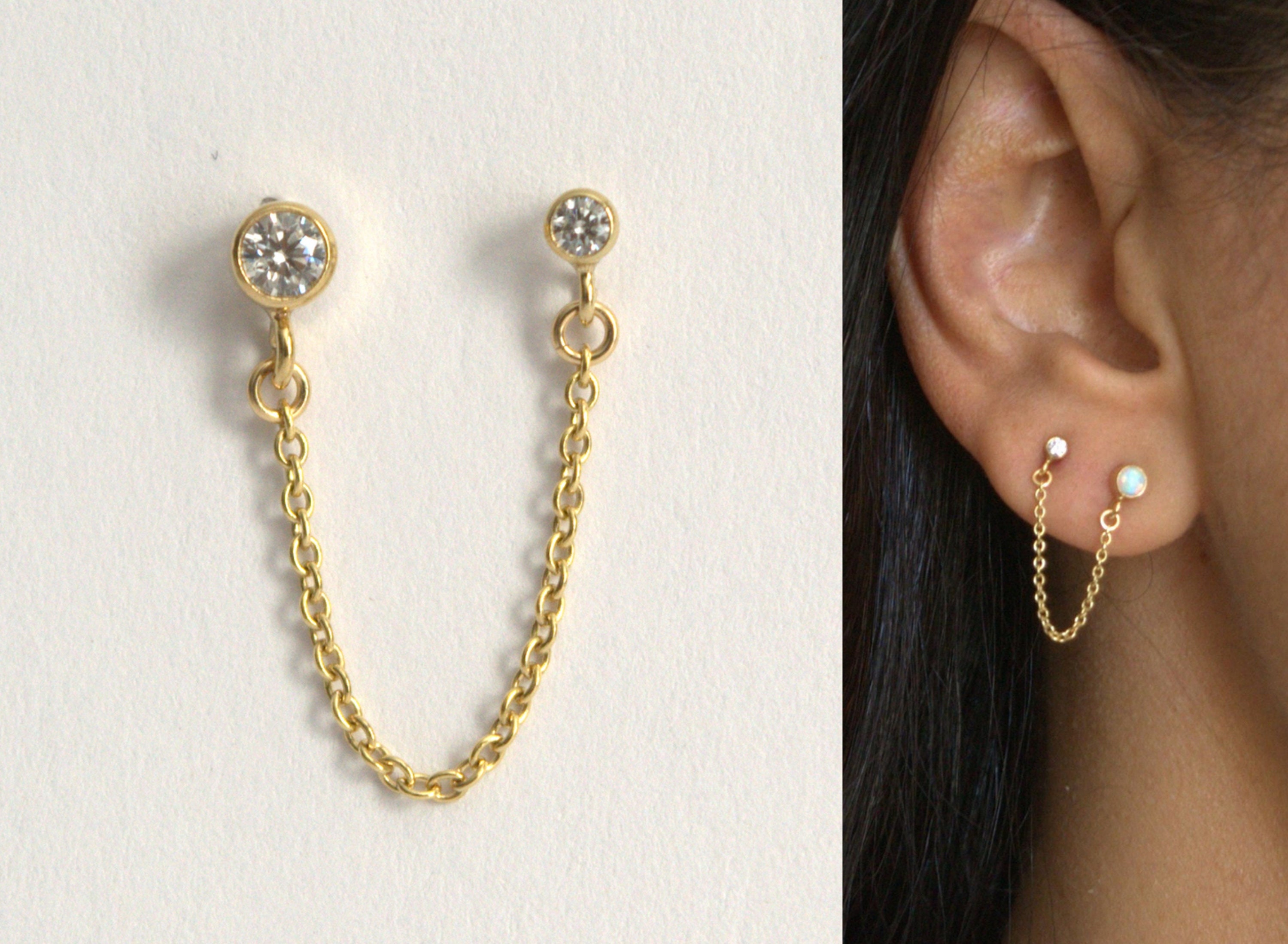 Double Piercing Earring, Chain Earrings, Cartilage Earrings, Hoop Earrings  With Chain, Double Stud Earring Gold, Small Hoops - Etsy | Double stud  earrings, Chain earrings, Earrings