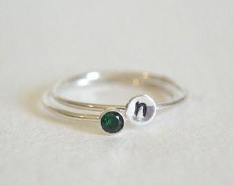 Silver Emerald Ring, Emerald Ring, Emerald Ring Silver, Personalized Ring, Initial Ring, Silver Stacking Ring, Emerald Silver Ring