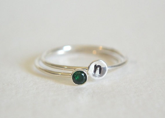 Silver Emerald Ring, Emerald Ring, Emerald Ring Silver, Personalized Ring, Initial Ring, Silver Stacking Ring, Emerald Silver Ring