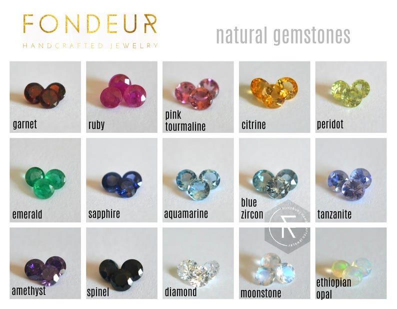 K&ouml;nnte beinhalten: Eine Tabelle mit nat&uuml;rlichen Edelsteinen, mit drei Beispielen f&uuml;r jeden Stein. Die Steine sind in drei Reihen angeordnet, wobei die Namen der Steine unter jeder Reihe aufgef&uuml;hrt sind. Die Steine sind: Granat, Rubin, rosa Turmalin, Citrin, Peridot, Smaragd, Saphir, Aquamarin, blauer Zirkon, Tansanit, Amethyst, Spinell, Diamant, Mondstein und &auml;thiopischer Opal.