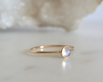 Bague Pierre De Lune Arc-en-Ciel Et Diamants - Or Jaune 14 Carats, Taille 7, Fait Main