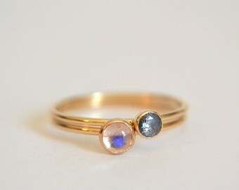 14k Solid Gold Set of Two Moonstone Rings, 14k Gold Moonstone Ring, 14k Gold Aquamarine Ring, Dainty Ring, Stackable Ring, Stacking Ring