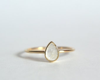14k Solid Gold Teardrop Rainbow Moonstone Ring, Natural Rose Cut Moonstone Gemstone, Dainty and Minimal, Gifts for Her, Anniversary Gifts