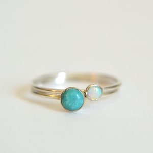 Set Of Two Sterling Silver Turquoise Rings, Silver Turquoise Ring, Silver Opal Ring, Stackable Ring, Stacking Ring, White Opal Ring Silver