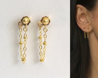 Gold Ball Studs, Chain Earrings, Gold Chain Earrings, Chain Dangle Earrings, Ball Stud Earrings, Gold Filled Chain Earring, Ball Earrings