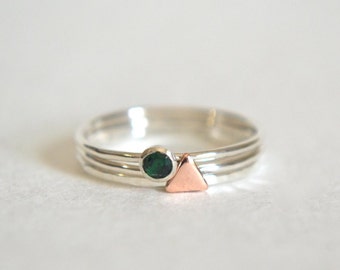 Set of Three Sterling Silver Emerald Rings, Silver Stacking Ring, Stackable Ring, Copper Triangle Ring, Hammered Ring, Emerald Gemstone