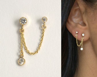 Orecchini a doppio piercing, orecchini con catena in oro, orecchini drappeggiati, orecchini con catena in opale, orecchini con catena in zirconi cubici, orecchini con catena riempita in oro, pendenti