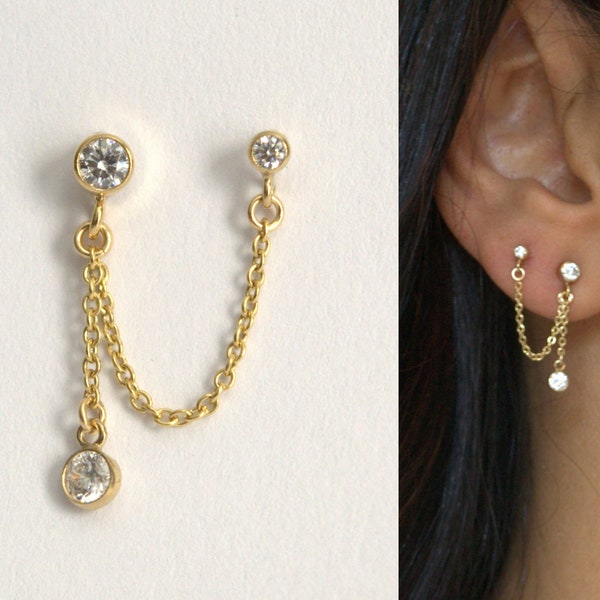 Dubbele piercing oorbel, gouden ketting oorbellen, draperen oorbellen, opaal ketting oorbellen, Cz ketting oorbellen, goud gevulde ketting oorbellen, bungelen