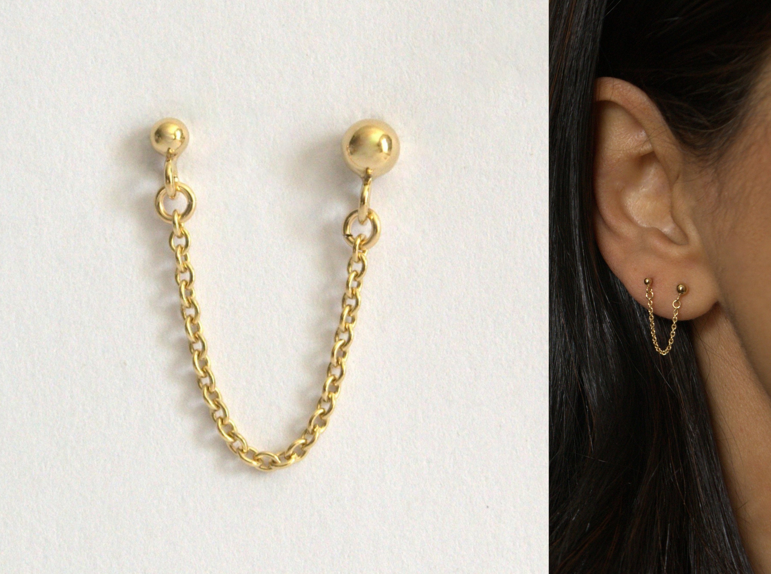 Double Piercing Earrings Gold Chain Earrings Ball Studs Etsy