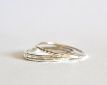 Sterling Silver Stacking Ring Set Of Three, Skinny Hammered Bands, Dainty And Minimalist Set Of Stacking Rings Perfect For Everyday Wear