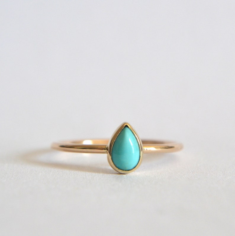 14k Solid Gold Tear Drop Turquoise Ring, Natural Turquoise Gemstone, Dainty and Minimalist, Gifts For Her, Pear Shaped Engagement Ring image 1