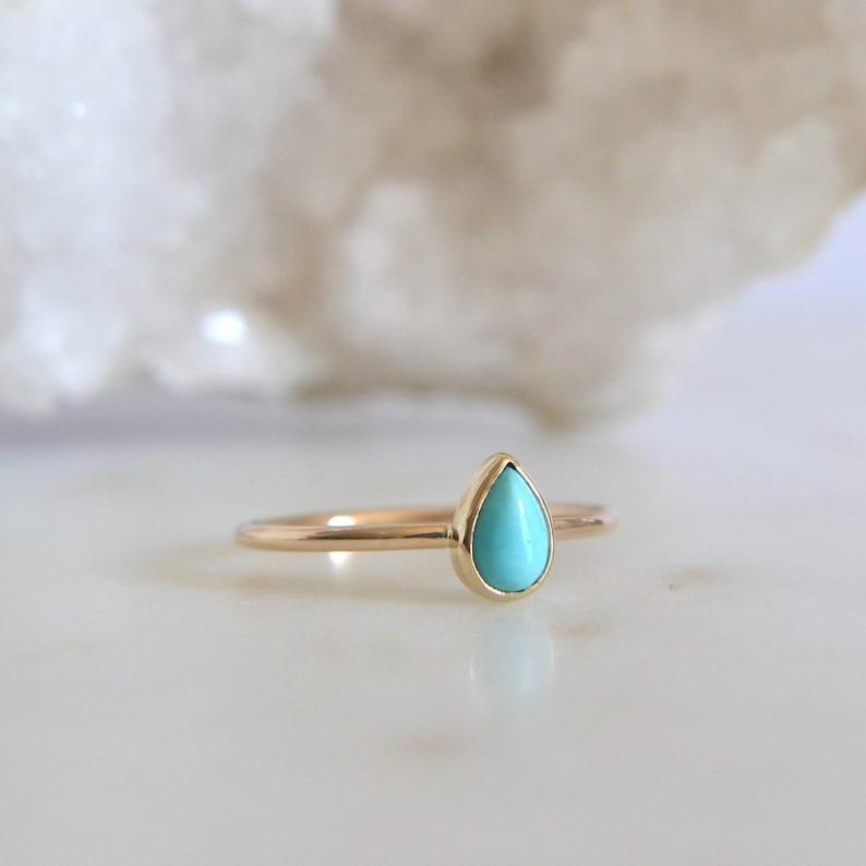 14k Solid Gold Tear Drop Turquoise Ring, Natural Turquoise Gemstone, Dainty and Minimalist, Gifts For Her, Pear Shaped Engagement Ring image 3