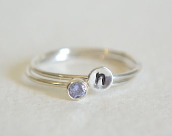 Sterling Silver Light Amethyst Personalized Ring Set Of Two, Initial Ring Set, Custom Made To Order Jewelry, Sterling Silver Letter Ring