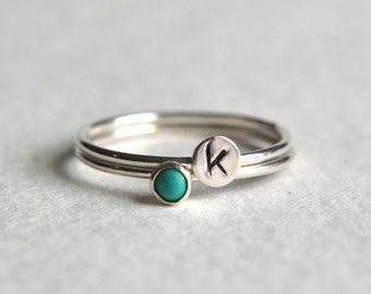 Set of Two Sterling Silver Rings, Silver Turquoise Ring, Personalized Ring, Stacking Ring, Initial Ring, Stackable Ring