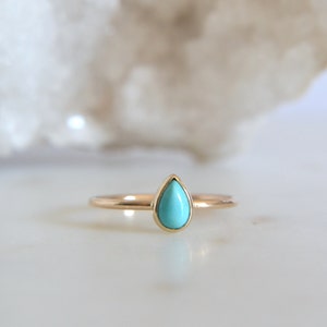 14k Solid Gold Tear Drop Turquoise Ring, Natural Turquoise Gemstone, Dainty and Minimalist, Gifts For Her, Pear Shaped Engagement Ring image 2