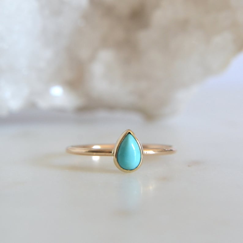 14k Solid Gold Tear Drop Turquoise Ring, Natural Turquoise Gemstone, Dainty and Minimalist, Gifts For Her, Pear Shaped Engagement Ring image 2